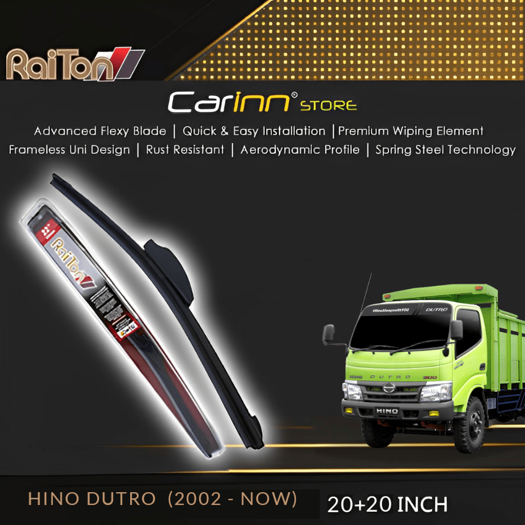 Raiton Sepasang Wiper Frameless Full Karet Kaca Depan Hino Dutro 2002-On 20" & 20" -2 Pcs