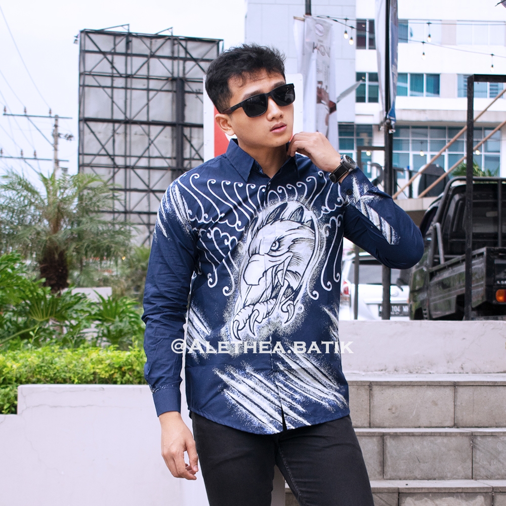 Lang Navy Kemeja Batik Slimfit Pria Premium Katun Sanforized Kemeja Batik Alethea Batik