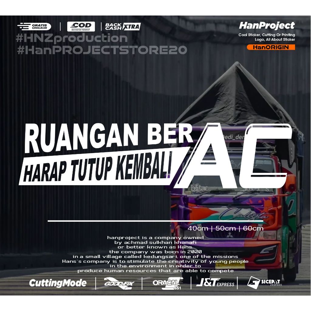 STICKER CUTTING REFLECTIVE "RUANGAN BER AC" TERBARU COCOK UNTUK KACA DAN BODY MOBIL TRUK PICK UP ORI