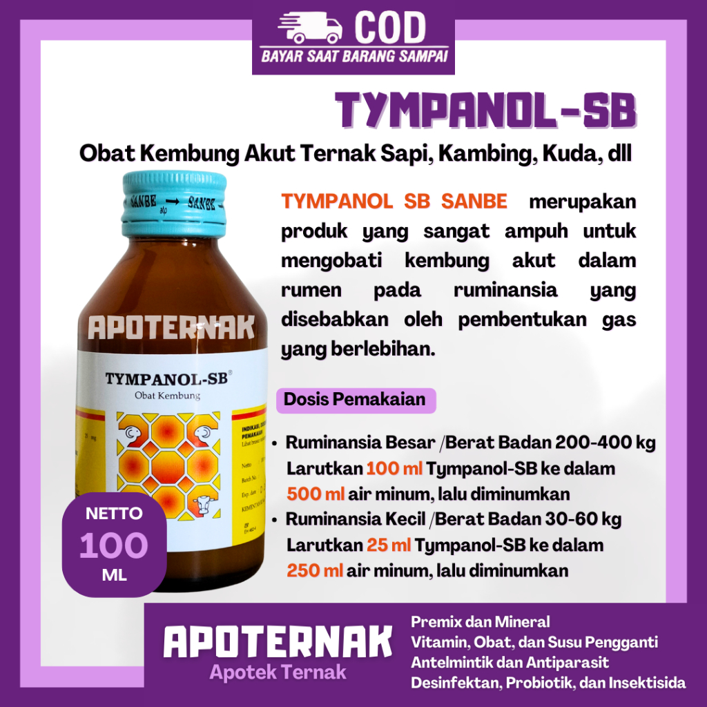 TYMPANOL SB 100ml SANBE Injeksi - Obat Kembung Hewan Ternak Sapi Kambing Domba Kuda dll SANBE