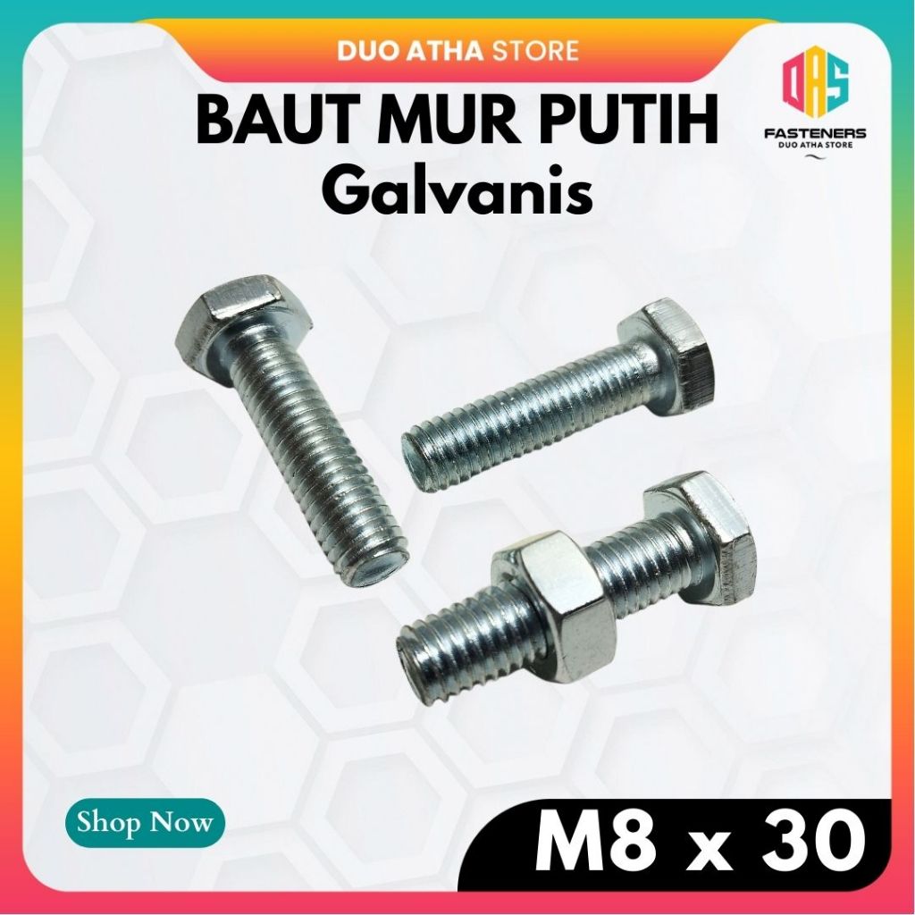 M8x30 Baut Mur M8 X 30 BMP Galvanis Putih