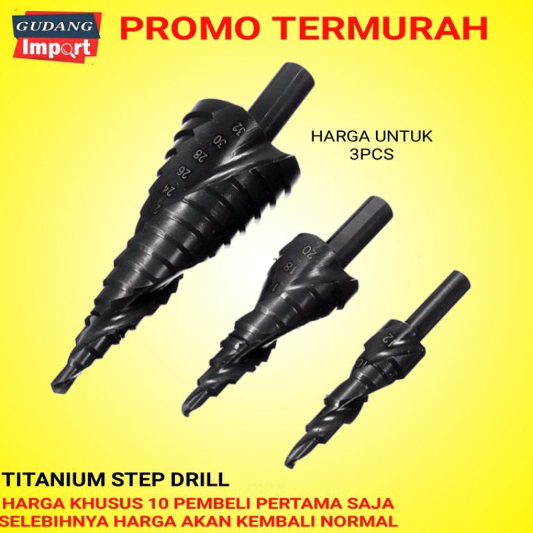 Terbaik.. STEP DRILL MATA BOR PAGODA KERUCUT TITANIUM ISI 3pcs 12mm 20mm 32mm