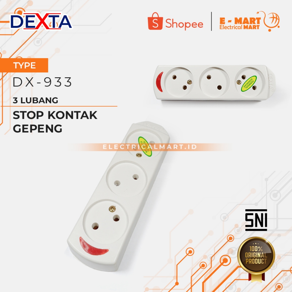 DEXTA Stop Kontak GEPENG Colokan Terminal Kuningan + Lampu SNI
