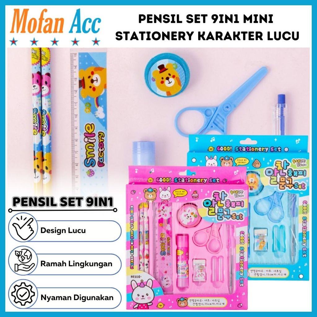 

Pensil Set 9in1 Karakter Lucu / Paket Lengkap Alat Tulis Tutup Pensil Pulpen Penghapus Penggaris Rautan Lem Gunting Kertas Gambar kartun Imut / Mini Stationery Character 9 Pcs ATK Perlengkapan Menulis Anak Sekolah Hadiah Kado Ulang Tahun Souvenir SD PAUD