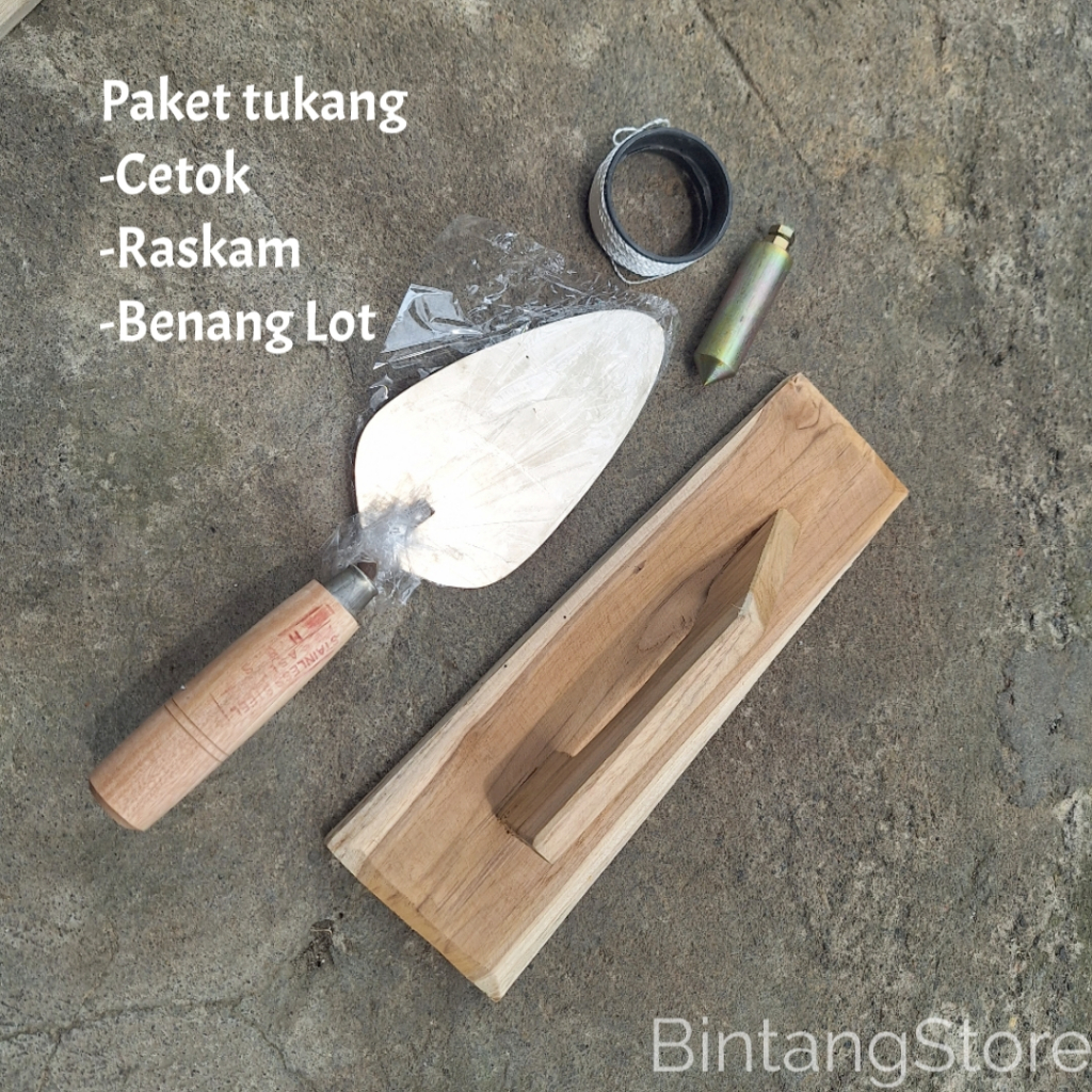 Paket hemat cetok semen stainless raskam kayu jati asli dan benang lot-cetok semen bangunan-raskam p