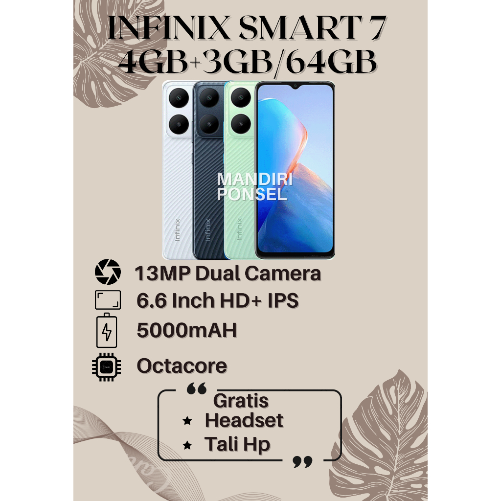 INFINIX SMART 7 RAM 7GB (4+7 EXTEND/64GB) GRATIS  HEADSET dan TALI HP