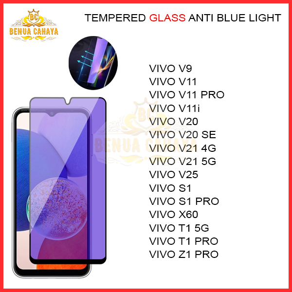 TEMPERED GLASS BLUE LIGHT VIVO V9/V11/V11i/V11 PRO/V20/V20SE/V21 4G/V21 5G/V25/VS1/S1 PRO/X60/T1 5G/