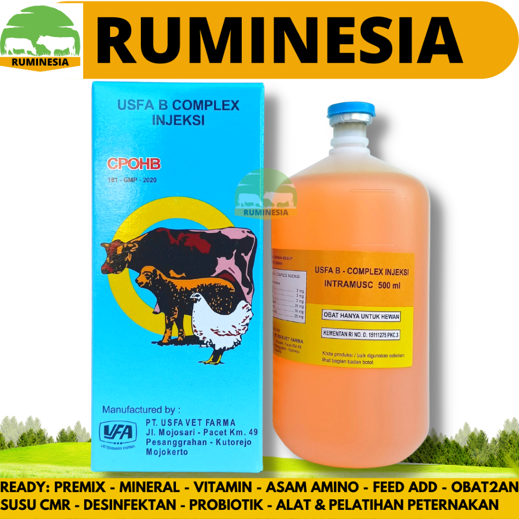 USFA B COMPLEX INJ 500ML- Vitamin B Kompleks Hewan - Vitamin B Complex Hewan - Vitamin B Complex Sap