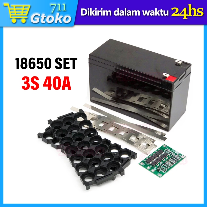 Pack Baterai Rakitan DIY 18650 Lithium Li-ion 12V 3S 40A BMS + Kotak + Plat Nikel + Holder (Tanpa Ba