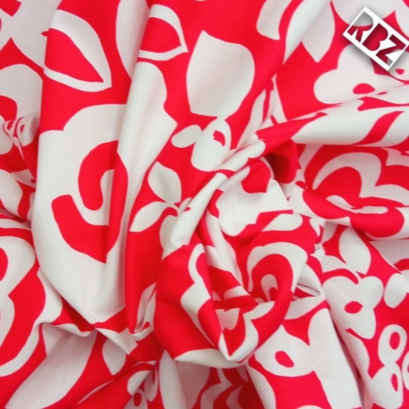 kain katun popline original garment motif bunga putih dasar merah