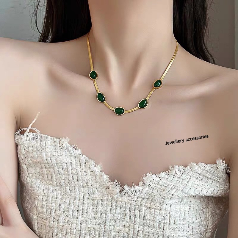 Kalung Titanium Hijau Mewah Anti Karat Korea Elegan Fashion Style K921&A1115