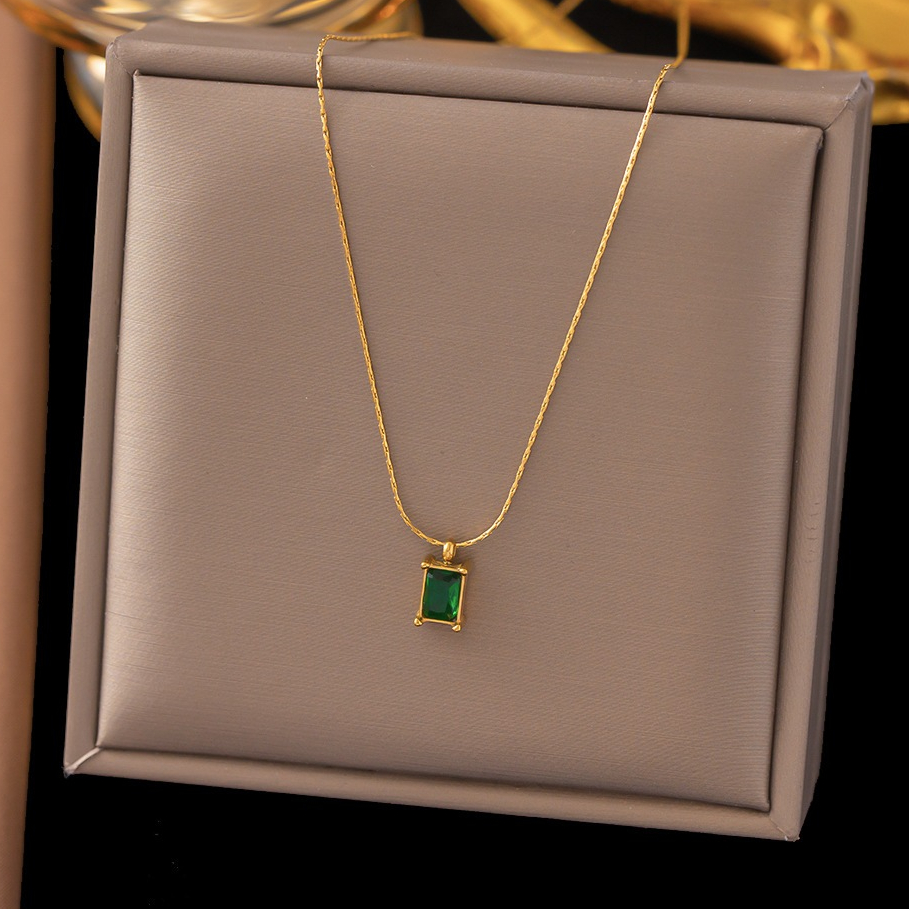 TSW063 - Kalung Serut Titanium Wanita Liontin Kotak Permata Delima Anti Karat Anti Luntur Selamanya,