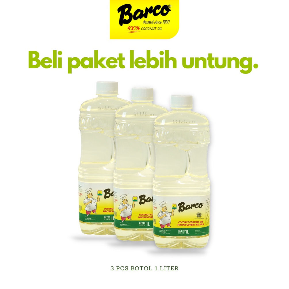 

DISKON BRANDS FESTIVAL Promo!! Botol 1 ltr (3 Pcs) Minyak Goreng Kelapa "Barco" Terjamin