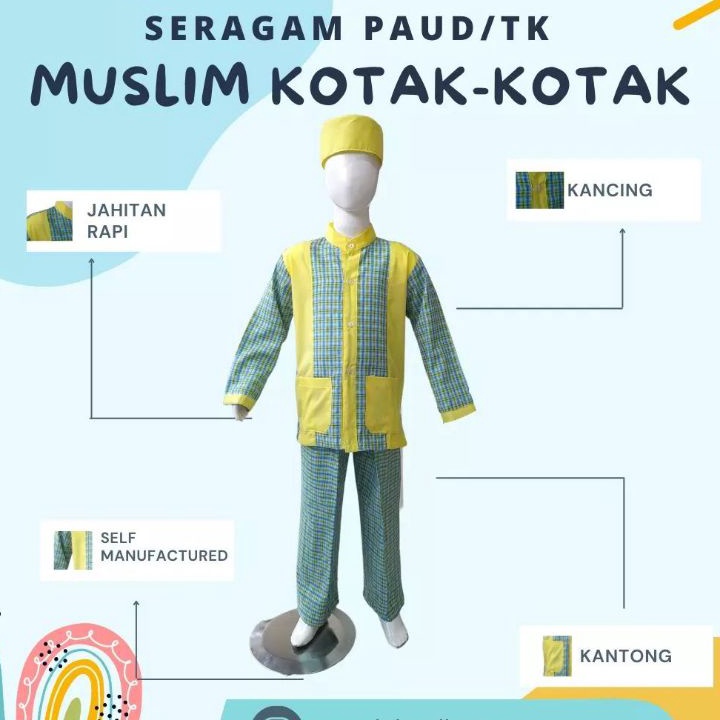 QBDL0458 STOK SIAP 【COD SERAGAM TK/PAUD MUSLIM KOTAK-KOTAK BAJU TK/PAUD KOTAK-KOTAK KUNING HIJAU