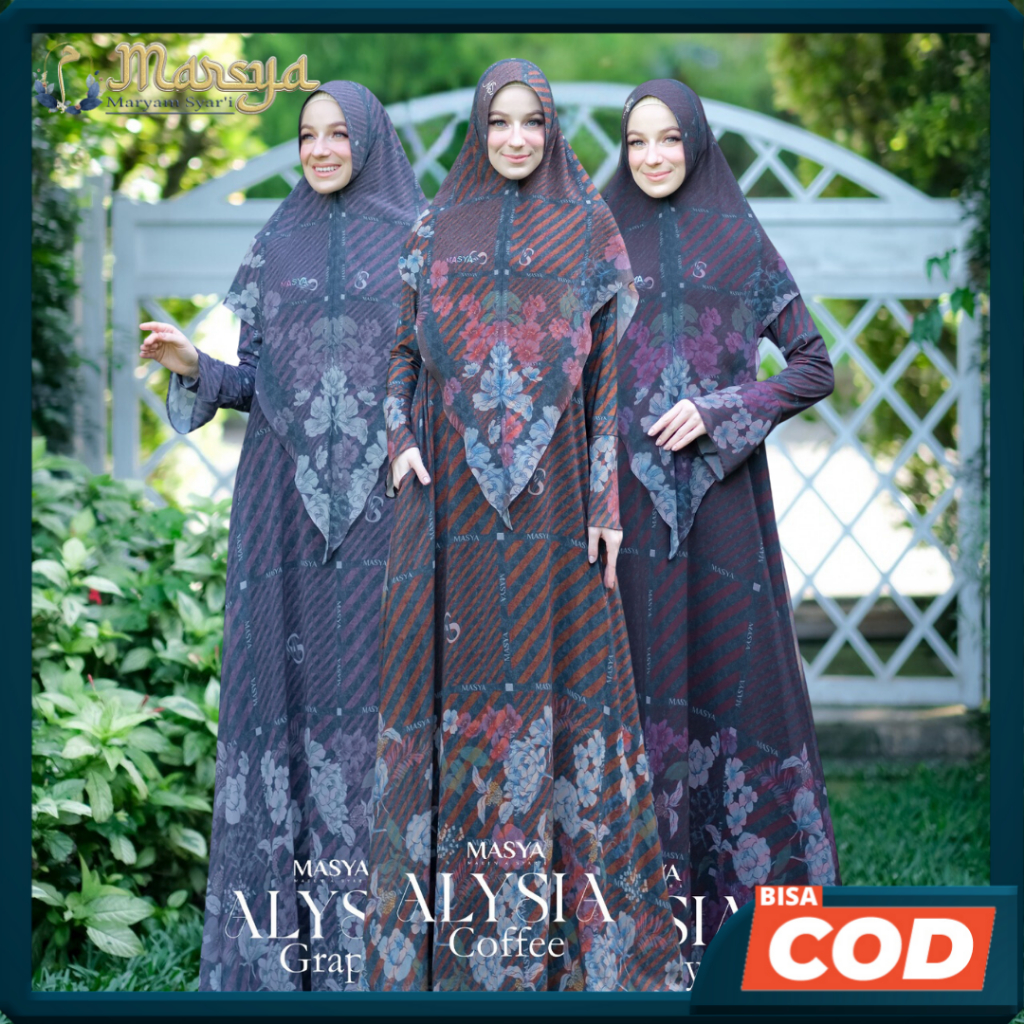 Set Gamis Dress Ceruty Babydoll Printing Premium Syari Branded Ungu - Coklat Tua Mewah Masya Syari O