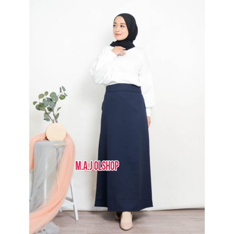 ROK WANITA NAVY PAYUNG  LINE A PANJANG FLARE SKIRT SCUBA PREMIUM