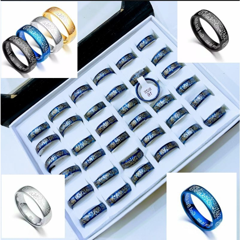 Cincin Couple Titanium Hitam 1Box Isi 36Pcs Tauhid Lafadz Kaligrafi Ukir Dan Sisi Rata Polos 1 Box A