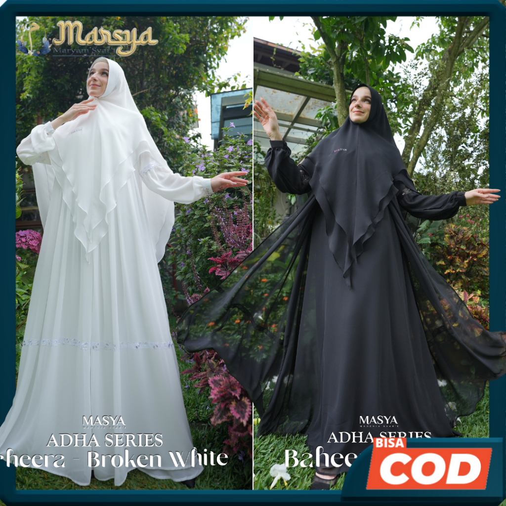 Set Gamis Dress Ceruty Babydoll Premium Syari Branded Broken White - Black - Putih - Hitam Mewah Mas