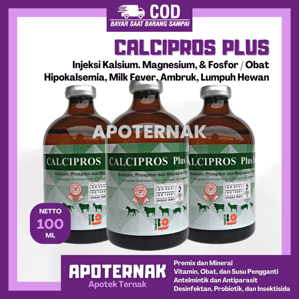 CALCIPROS PLUS Inj 100ml - Obat Ambruk Kurang Kalsium Magnesium Fosfor Sapi Kambing Domba | Obat Sap