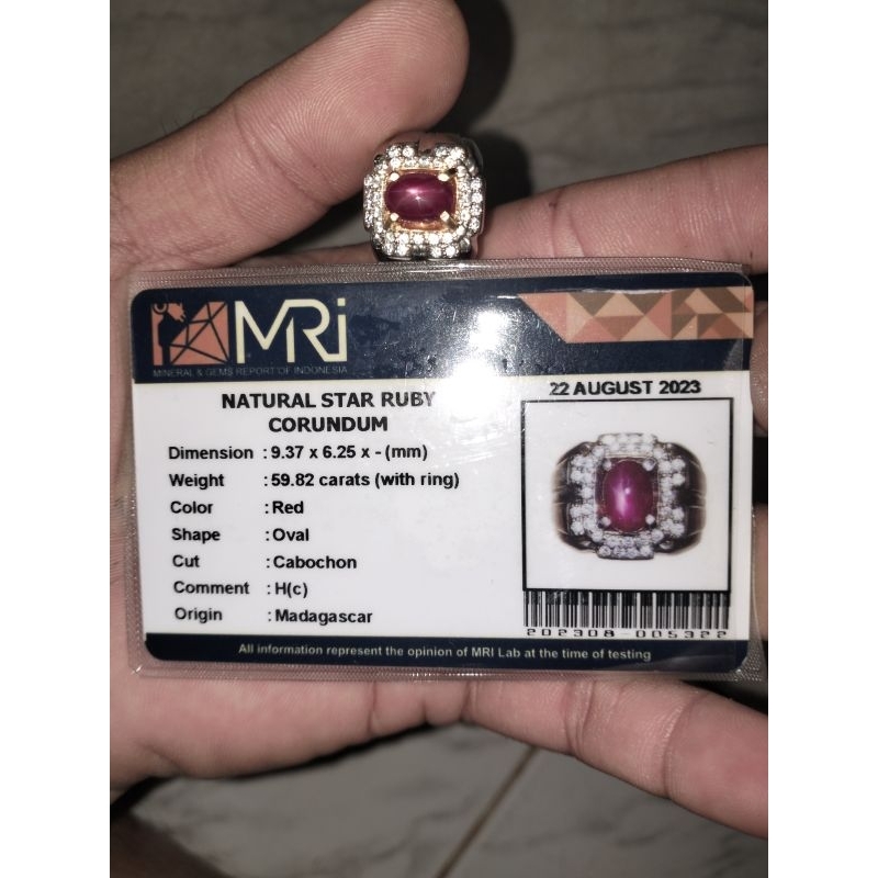 BATU NATURAL STAR RUBY CORUNDUM ASLI SERTIFIKAT MRI RING PERAK MURNI 9,25