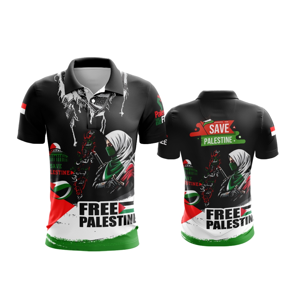 Kaos Pria Motif SAVE PALESTINE Pria / Baju Palestine Pria Berkerah / Kaos Polo Pria Fullprint