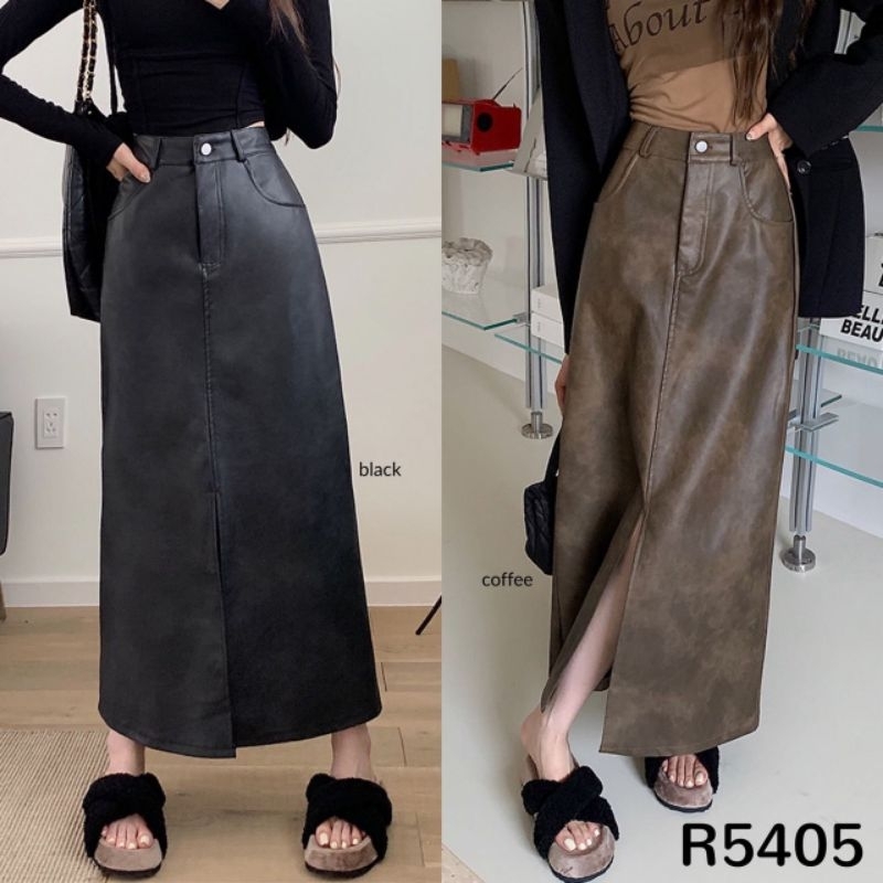 Latex Leather Slit Front Maxi Skirt