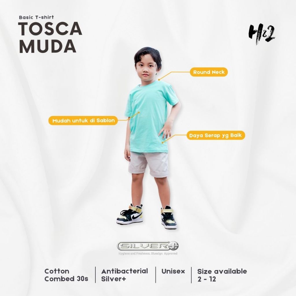 HN2 Kaos Polos Anti Bakteri Tosca Muda Anak Lengan Pendek Premium Cotton Combed 30s 2-4-6-8-10-12 Ta