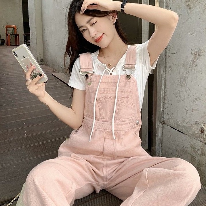 [KODE F00EK] Terusan Denim Merah Muda Versi Korea Wanita Longgar Jumpsuit Kaki Lurus Berpinggang Kec