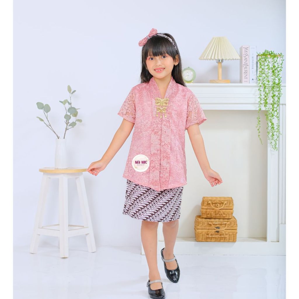 Kebaya Anak Kartini Brokat/Set Kebaya Anak Pendek Rok Putih