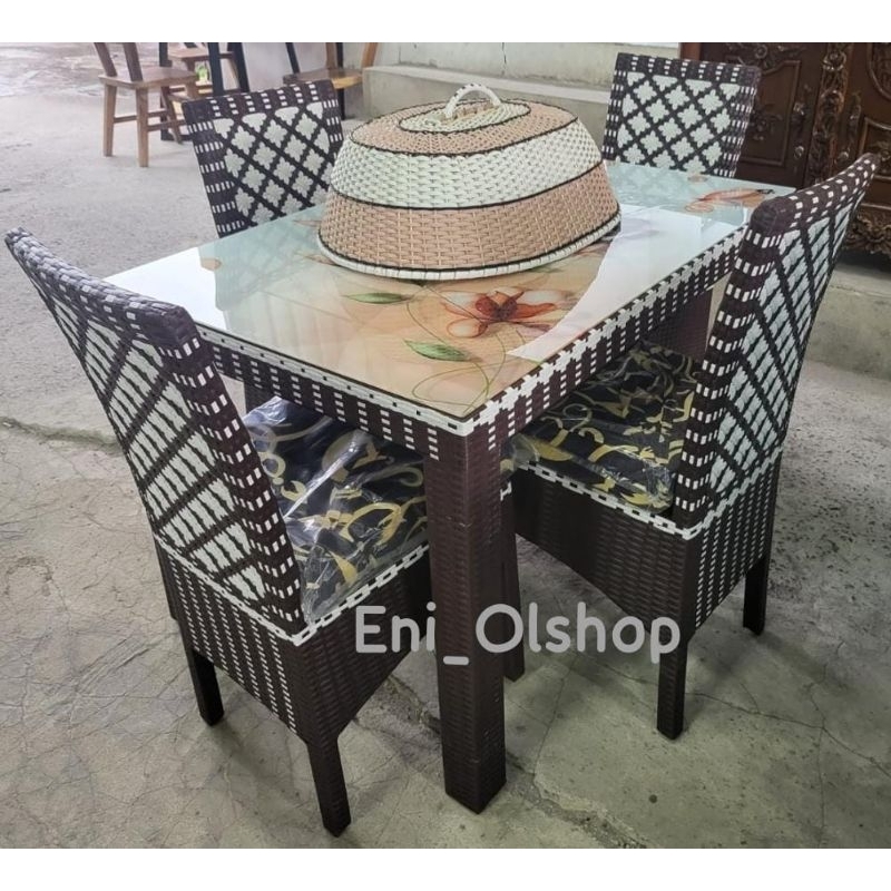 PROMO- 1 SET MEJA MAKAN 4 KURSI MOTIF BATIK + JOX KURSI + KACA MOTIF/ POLOS, MEJA MAKAN ROTAN SINTET