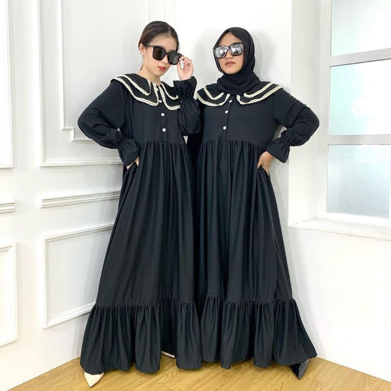 Gamis Renda Hitam Korean Style Fashion Wanita Muslimah