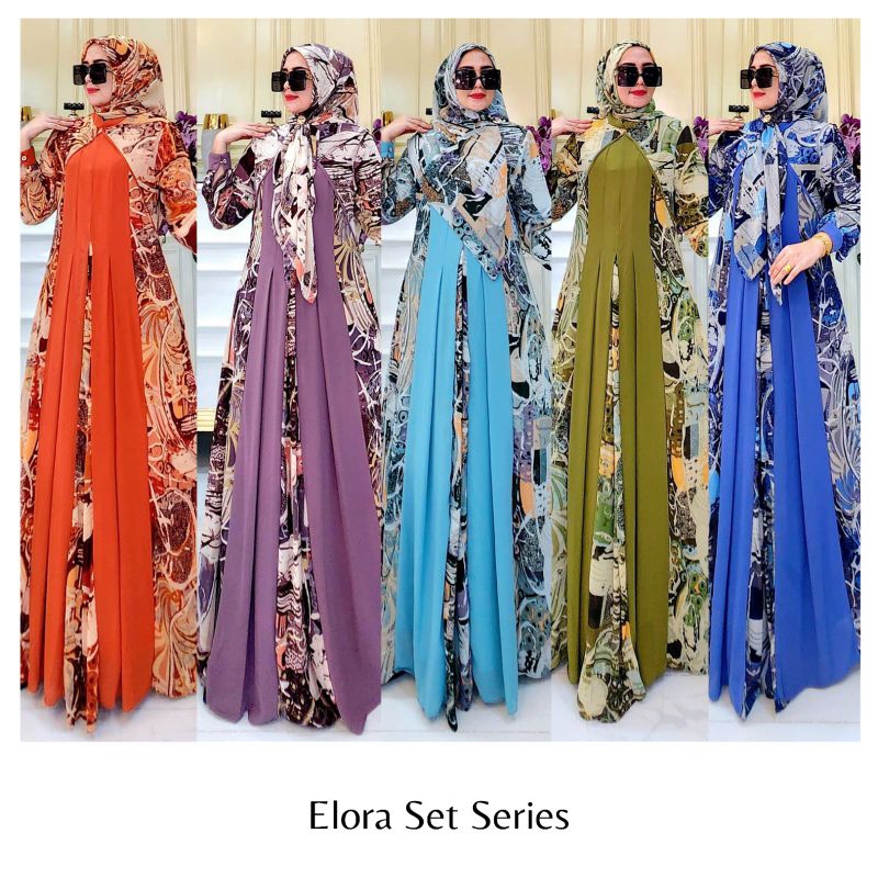 Elora set series | gamis set jilbab segi empat | gamis premium
