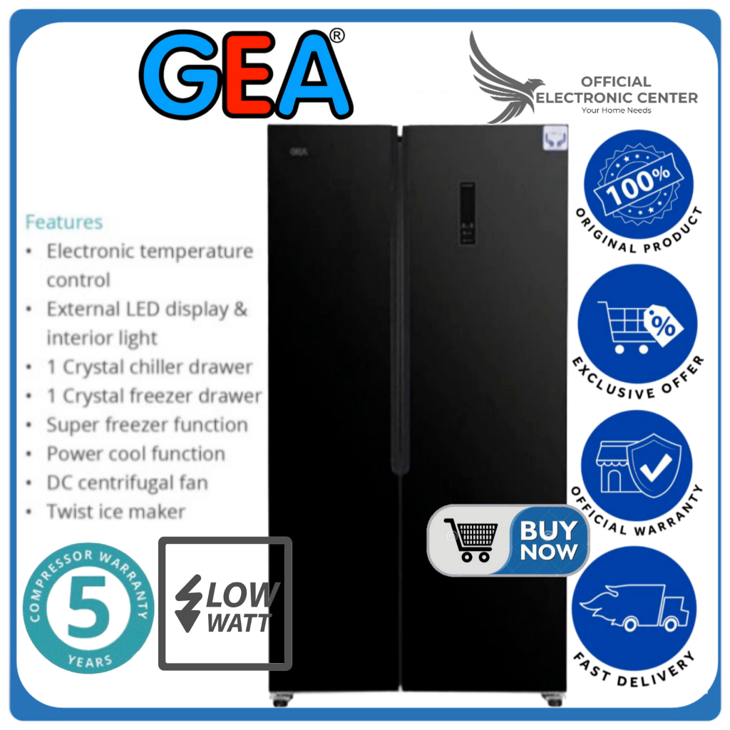 KULKAS GEA G2D-472 G2D472 472 SIDE BY SIDE BLACK BIG FREEZER SUPER COOLING LEMARI ES GEA
