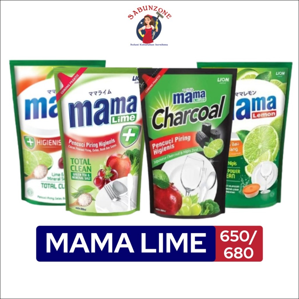 Sabun Cuci Piring Mama Lemon Jeruk Nipis / Mama Lime Charcoal / Mama Lime Green Tea / Mama Lime Anti Bacterial Lime + Mineral Salt Pouch Refill 650/700 ml