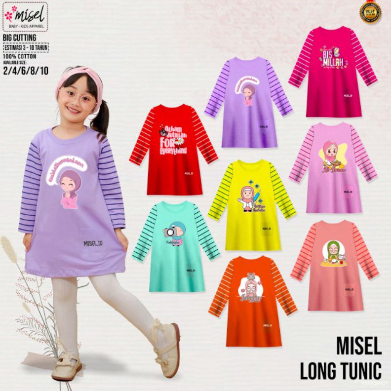MALL Kaos tunik anak perempuan lengan panjang usia 3-10 tahun 