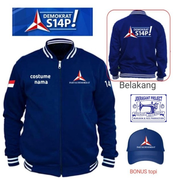 JACKET/ZIPPER partai demokrat siap - bonus topi - Jaket baseball partai demokrat siap - jaket partai