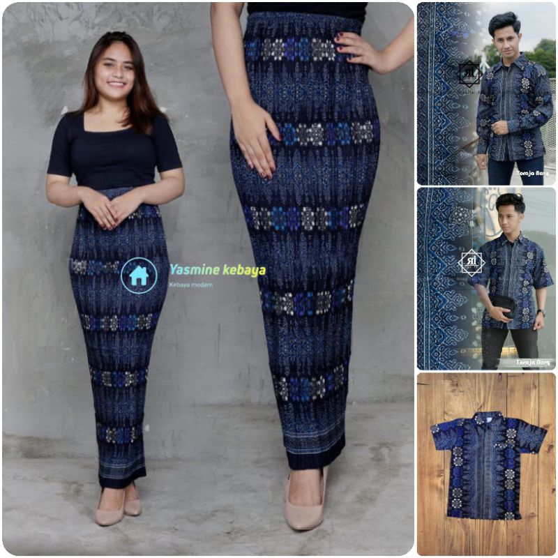 Couple Rok Plisket Jumbo Set Kemeja Batik Pria / Baju Batik Couple Motif Toraja Navy / Couple Kebaya