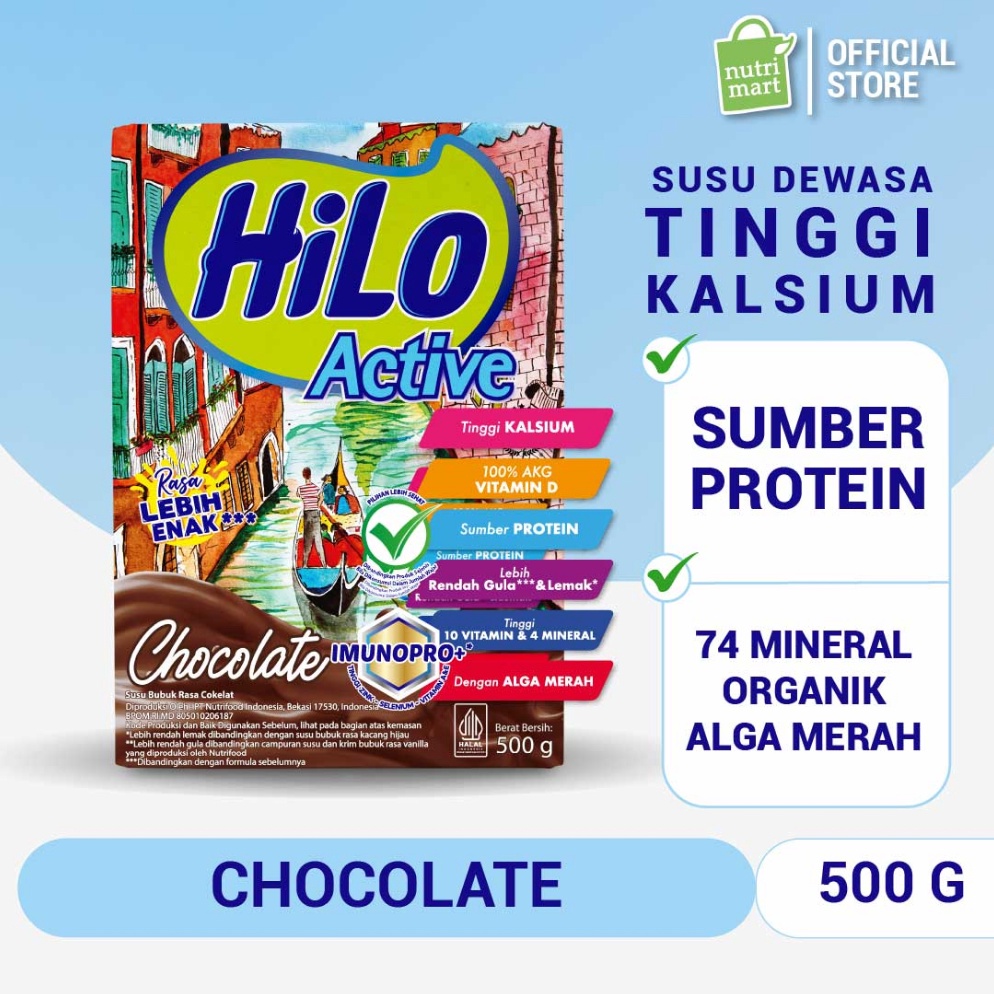 

99 HiLo Active Chocolate 500g - Susu Dewasa Tinggi Kalsium Sumber Protein Mineral Organik Alga Merah ↔Laris