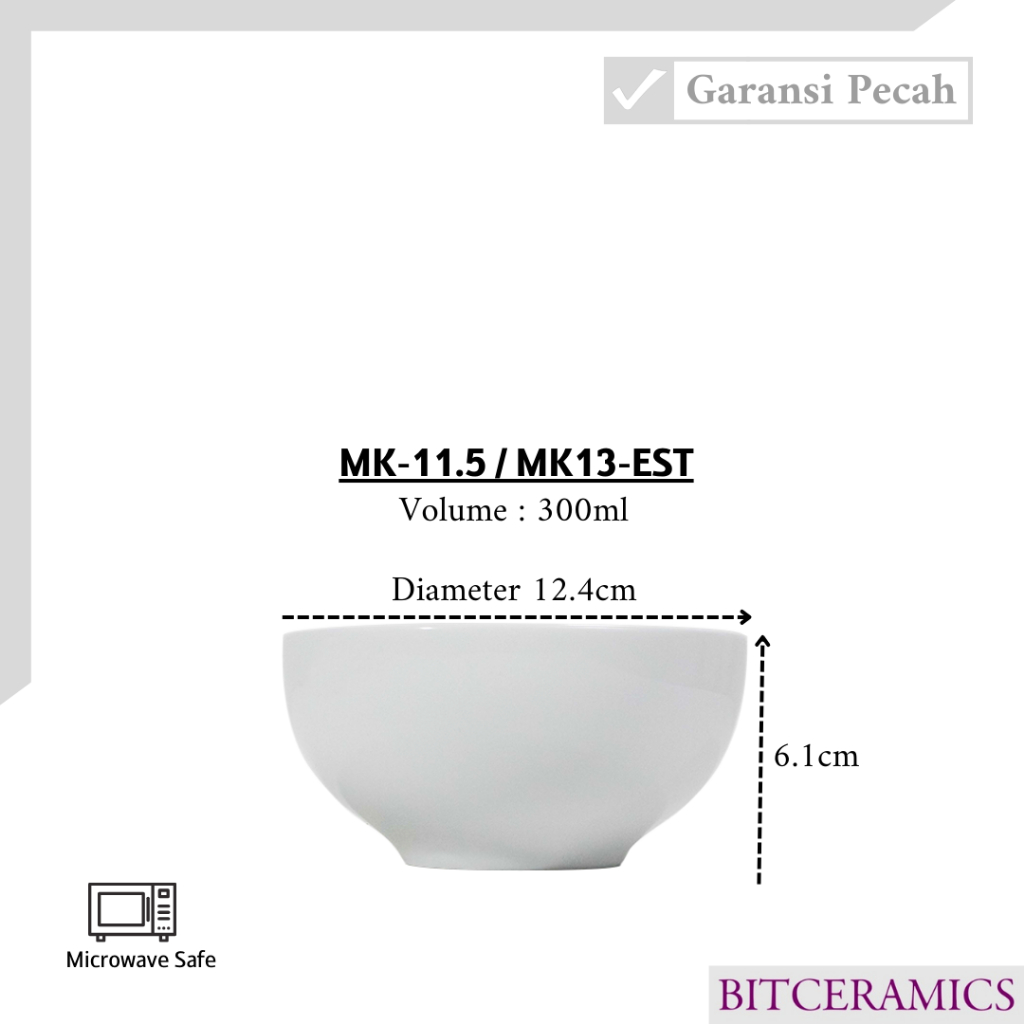 Mangkok Kuah Keramik 12.4CM / Mangkok Soup Putih Polos By Indo Keramik / MK13EST - 1PCS