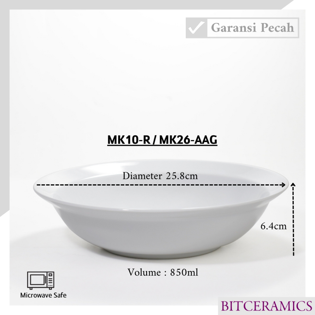 Mangkok Saji Keramik 25.8CM (1PCS) Putih Polos By Indo Keramik / Mangkok Sayur Keramik / MK26-AAG