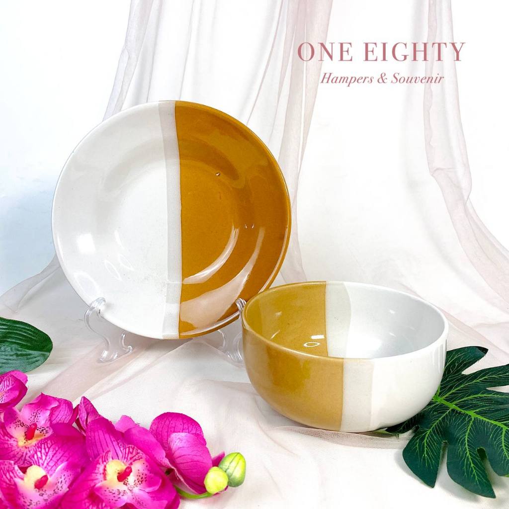 Paket Set Mangkok Piring Keramik Two Tone 2 Warna Cantik Mewah Kualitas Bagus
