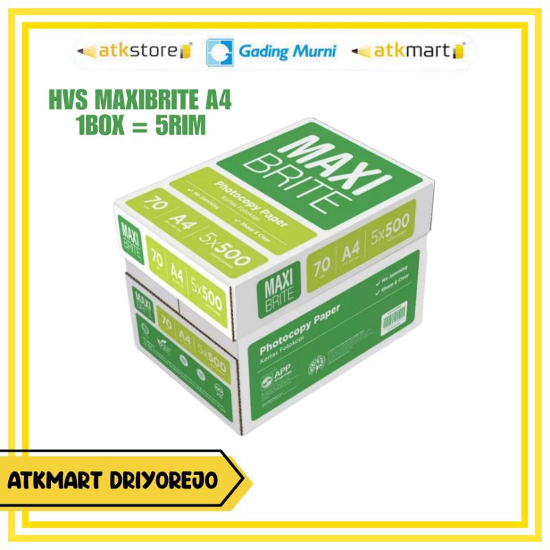 

(1 BOX (5 RIM) / 3 RIM) KERTAS HVS A4 70 GRAM MAXIBRITE 5 RIM PUTIH POLOS PAPER FOTOCOPY 2500 LEMBAR