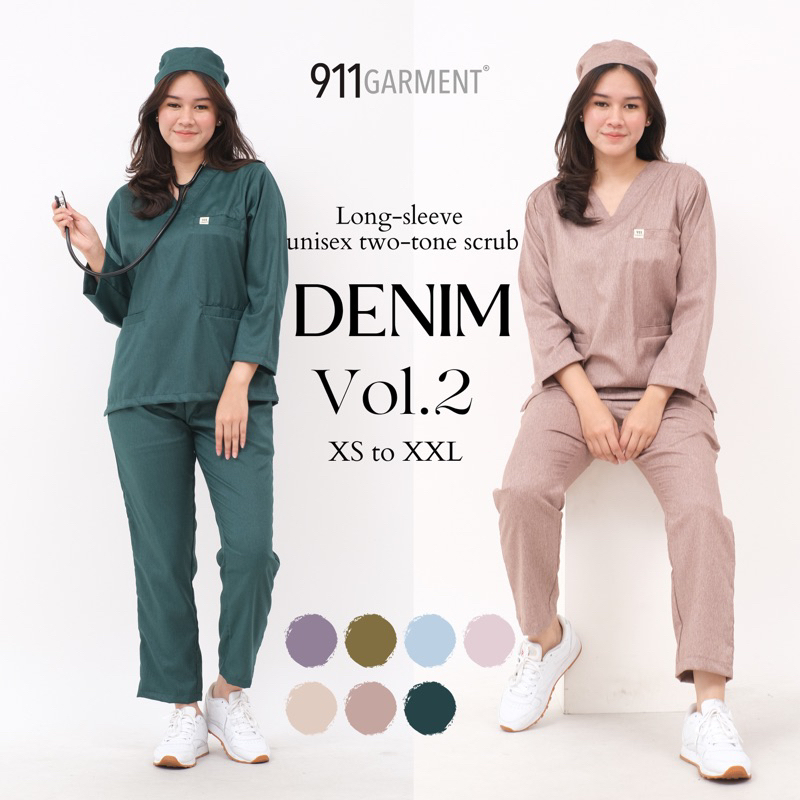 [VOL 2: Two tone/ Denim Edition] SET LONG Scrub Dokter/Baju Jaga Dokter/ Baju OK/ Baju Perawat/ Baju