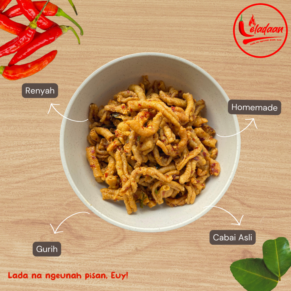 

LELADAAN Cemilan Gurih Pedas Keripik Kripik Usus Crispy Pedas Daun Jeruk 300gr
