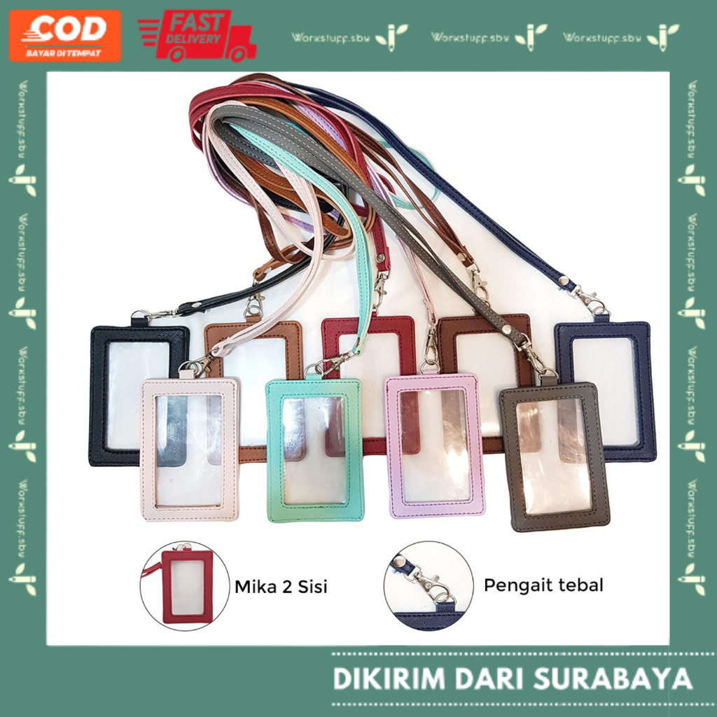 

ID Card Holder Plastik Name Tag Mika Flashee ID Card Lanyard Kulit Dua Sisi Transparan PU Leather