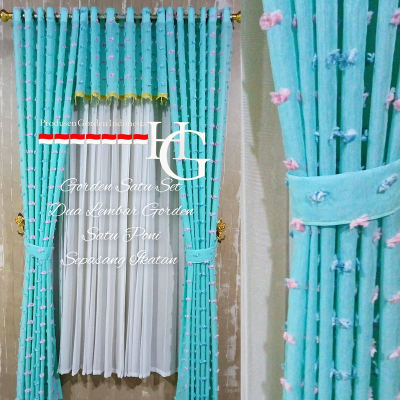 Gorden Satu Set Poni Atas Pintu Bahan Pitrase Rubi Model Smokring Warna Biru Tosca