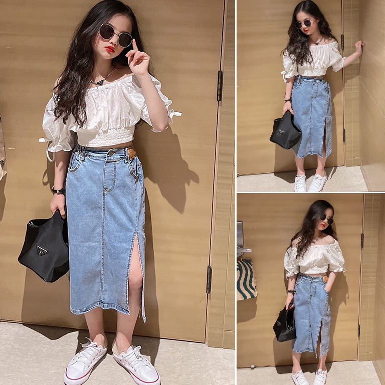 Terbaik.. SSP5-Setelan Set Anak Remaja Besar Tanggung Perempuan Crop Top + Rok Jeans SABRINA