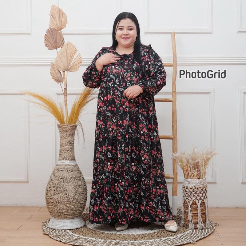 MIDI DRESS MOTIF JUMBO LD 130 RAYON PREMIUM  DRESS SUSUN KOREAN STYLE BUSUI LENGAN PANJANG MIDI DRES