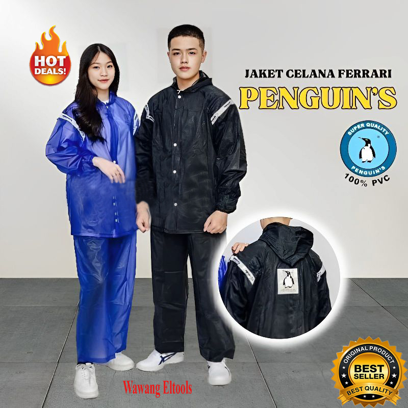 JAS HUJAN SETELAN JAKET CELANA FERRARI PENGUINE /DEWASA/FULL KARET PVC/ORIGINAL