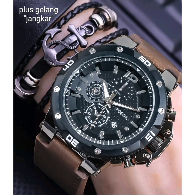 JAM TANGAN PRIA FOSS1L KULIT CHRONO FREE GELANG JANGKAR TERLARIS KEREN UNTUK COWOK - BISA COD ,, FRE